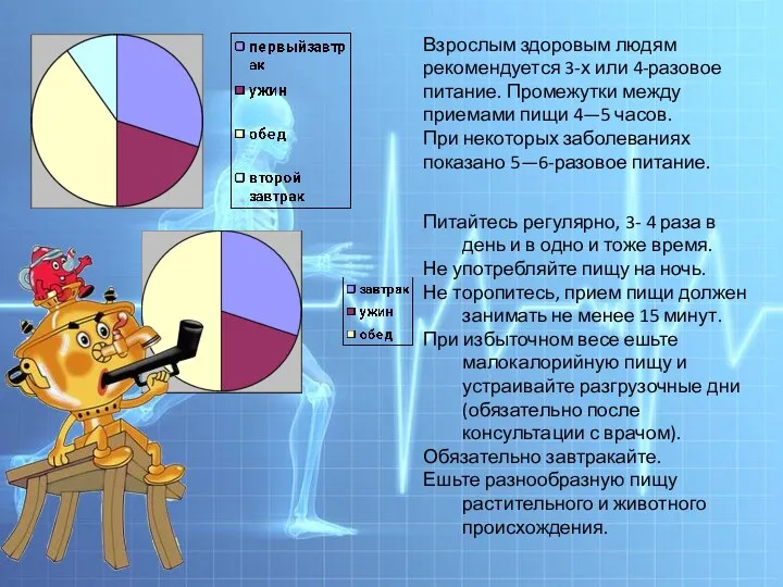 Взрослым здоровым людям рекомендуется 3-х или 4-разовое питание. Промежутки между