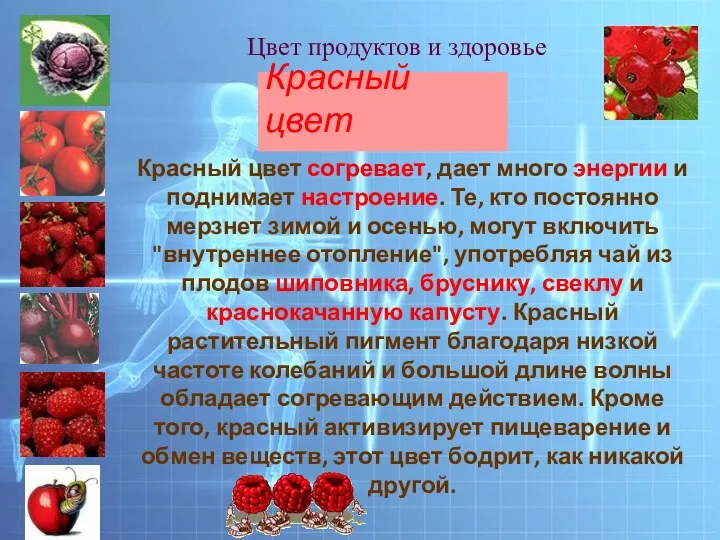 Цвет продуктов и здоровье Красный цвет Красный цвет согревает, дает много энергии и