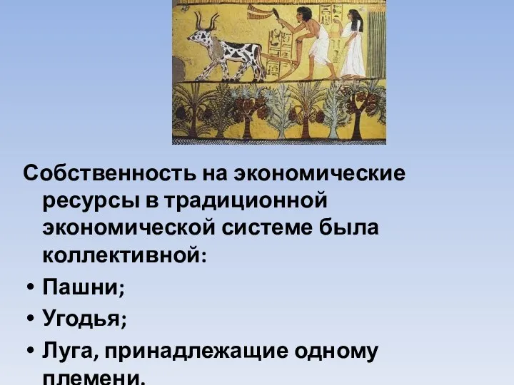 Собственность на экономические ресурсы в традиционной экономической системе была коллективной: Пашни; Угодья; Луга, принадлежащие одному племени.