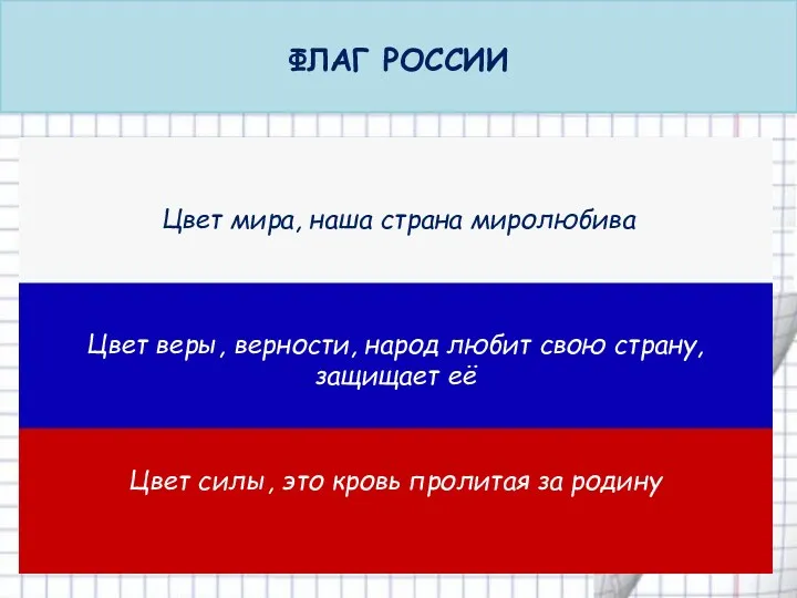 ФЛАГ РОССИИ Цвет мира, наша страна миролюбива Цвет веры, верности,