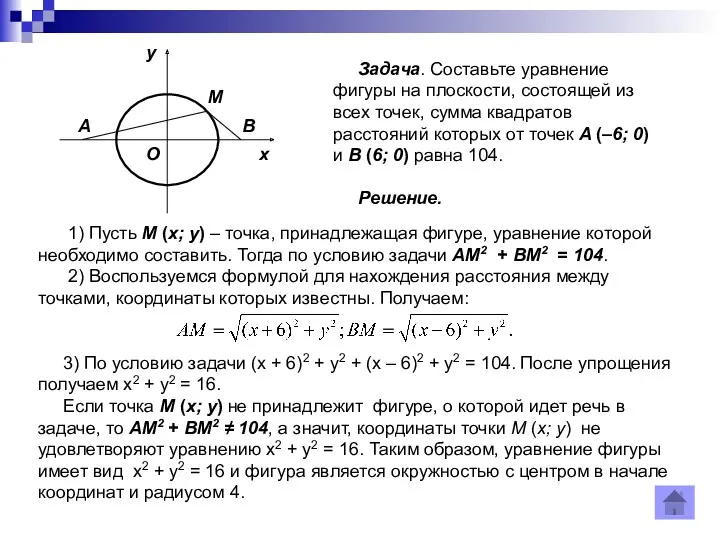 Задача. Составьте уравнение фигуры на плоскости, состоящей из всех точек,