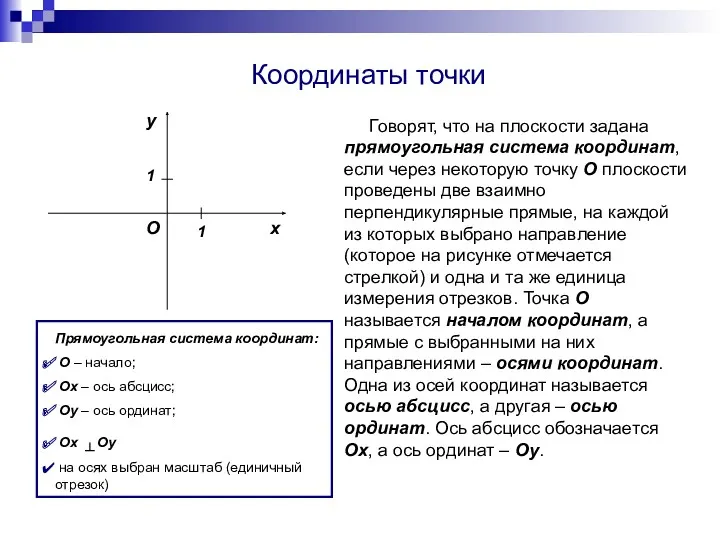 Координаты точки Говорят, что на плоскости задана прямоугольная система координат,