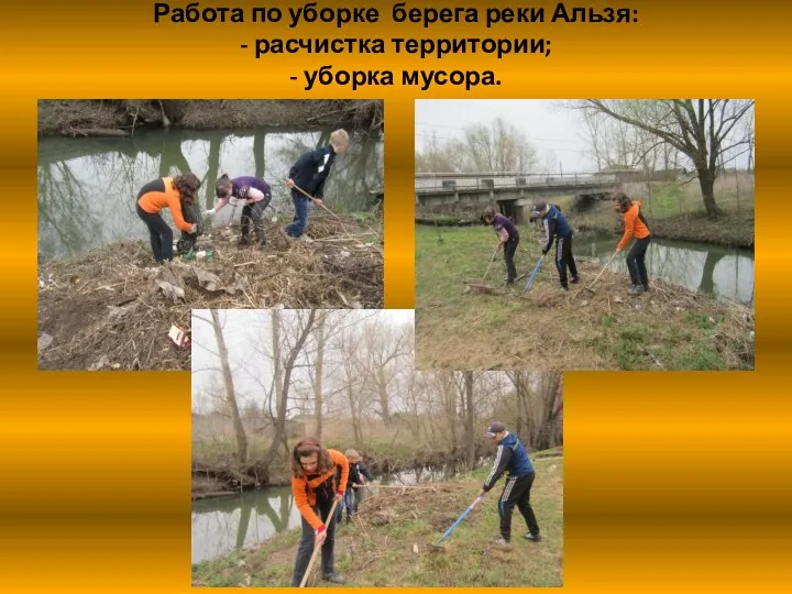 Работа по уборке берега реки Альзя: - расчистка территории; - уборка мусора.