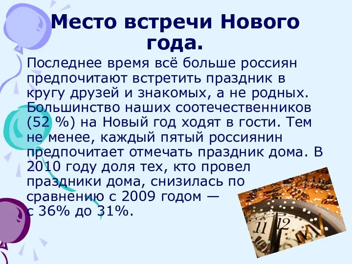 Место встречи Нового года. Последнее время всё больше россиян предпочитают