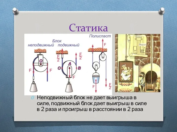 Статика Неподвижный блок не дает выигрыша в силе, подвижный блок