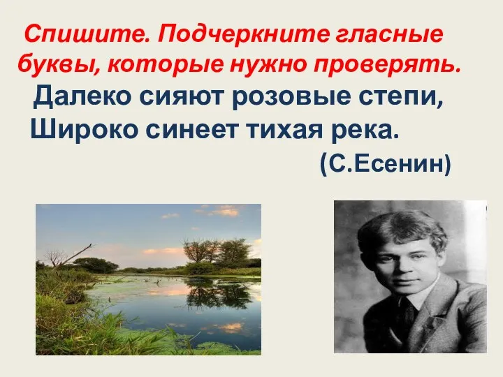 Спишите. Подчеркните гласные буквы, которые нужно проверять. Далеко сияют розовые степи, Широко синеет тихая река. (С.Есенин)