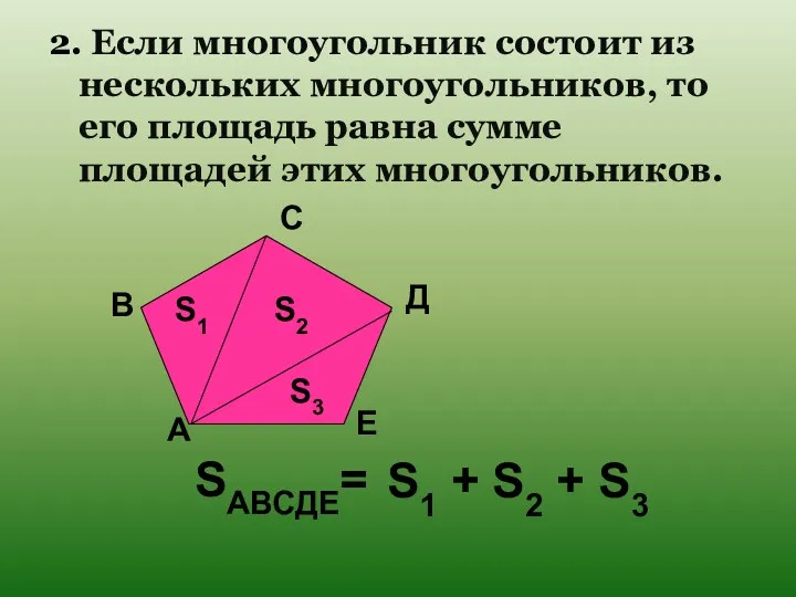 2. Если многоугольник состоит из нескольких многоугольников, то его площадь равна сумме площадей