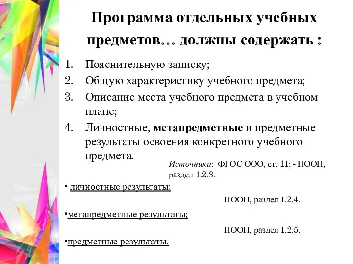 Программа отдельных учебных предметов… должны содержать : Пояснительную записку; Общую