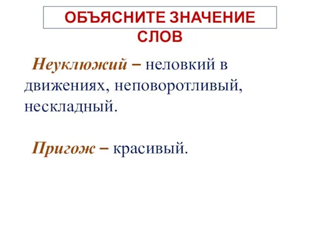 ОБЪЯСНИТЕ ЗНАЧЕНИЕ СЛОВ Неуклюжий – неловкий в движениях, неповоротливый, нескладный. Пригож – красивый.