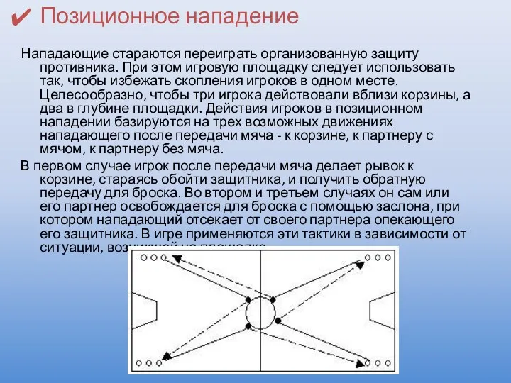 Позиционное нападение Нападающие стараются переиграть организованную защиту противника. При этом