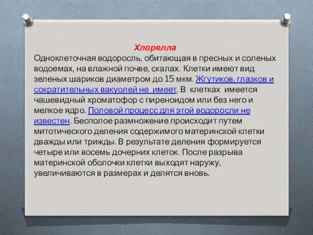 Хлорелла Одноклеточная водоросль, обитающая в пресных и соленых водоемах, на