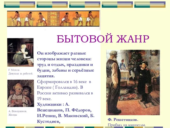 Г. Метсю. Девушка за работой. А. Венецианов. Жнецы БЫТОВОЙ ЖАНР