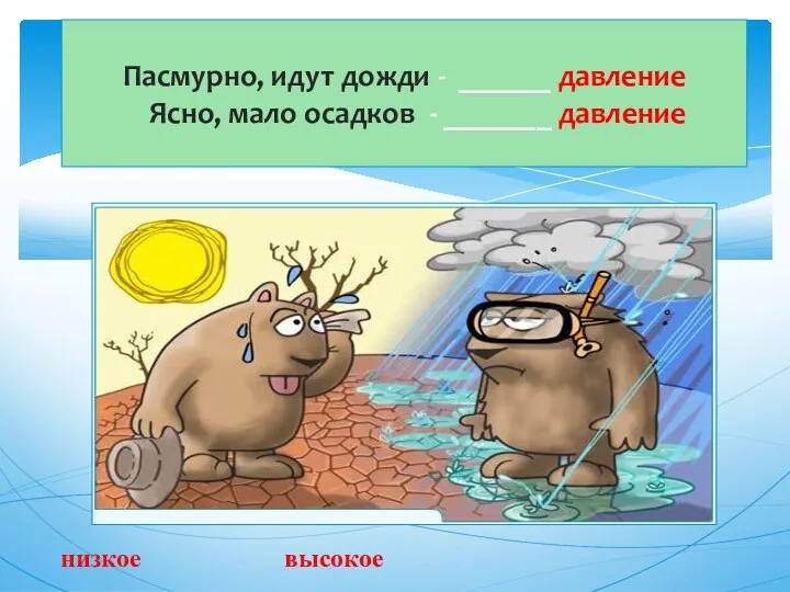 Пасмурно, идут дожди - ______ давление Ясно, мало осадков - _______ давление низкое высокое