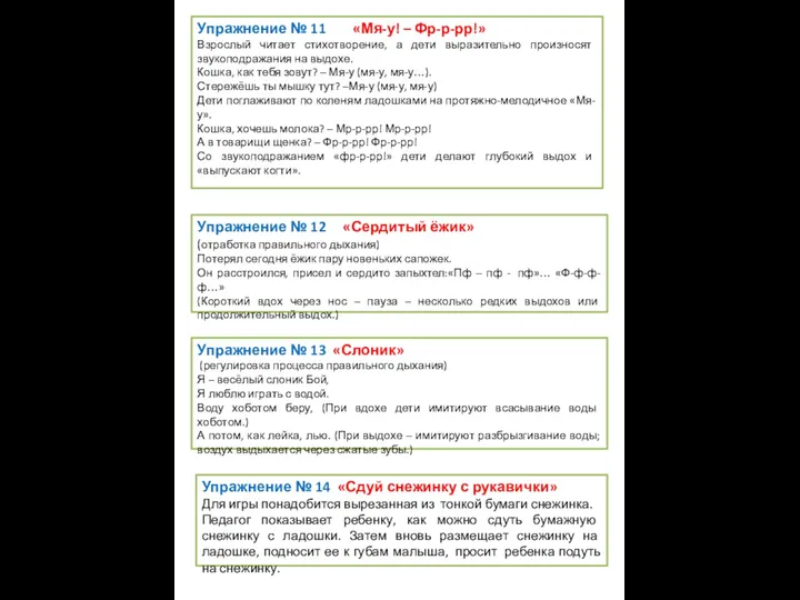 Упражнение № 11 «Мя-у! – Фр-р-рр!» Взрослый читает стихотворение, а дети выразительно произносят