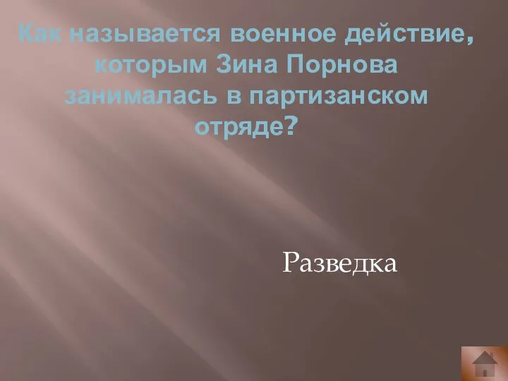 Как называется военное действие, которым Зина Порнова занималась в партизанском отряде? Разведка