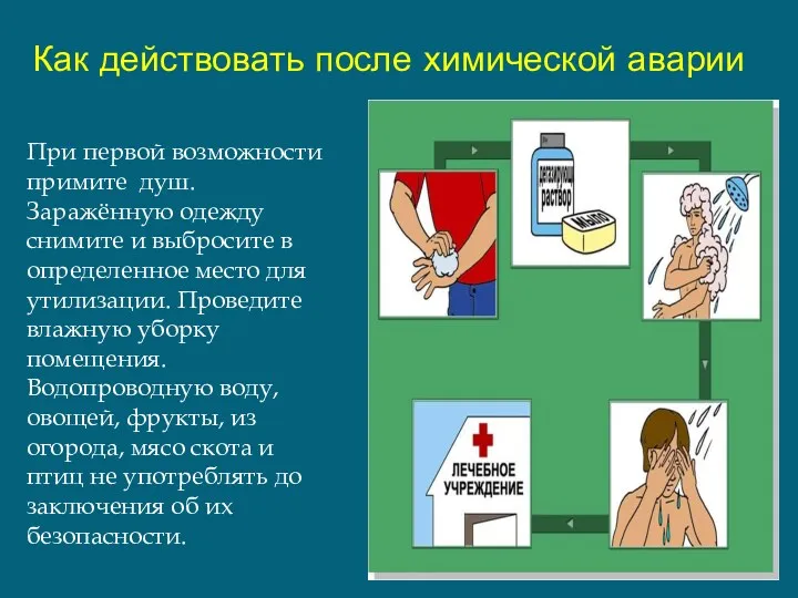 Как действовать после химической аварии При первой возможности примите душ.