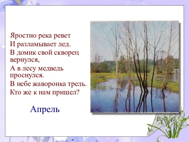 Яростно река ревет И разламывает лед. В домик свой скворец