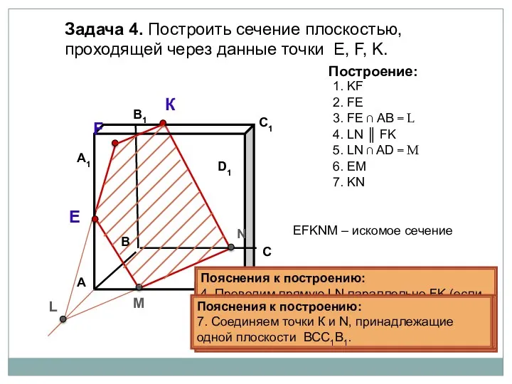 Пояснения к построению: 1. Соединяем точки K и F, принадлежащие