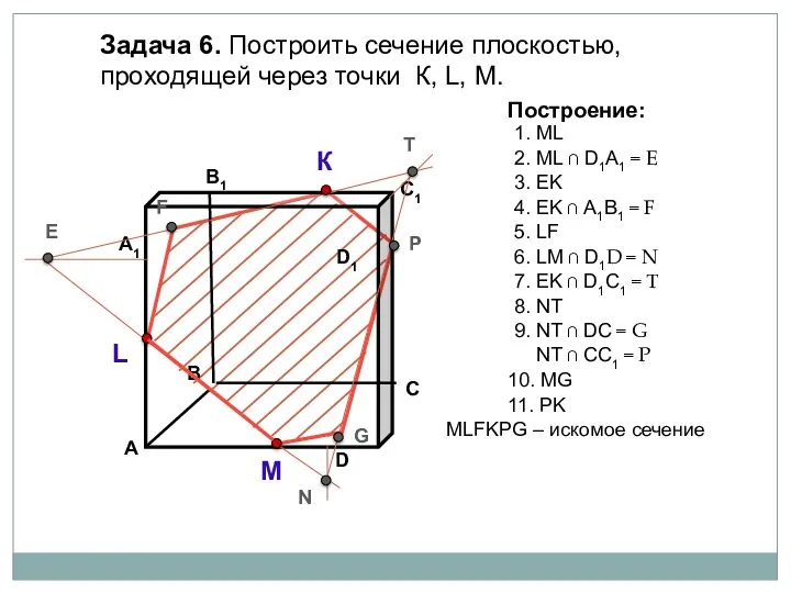 Задача 6. Построить сечение плоскостью, проходящей через точки К, L, М. К L