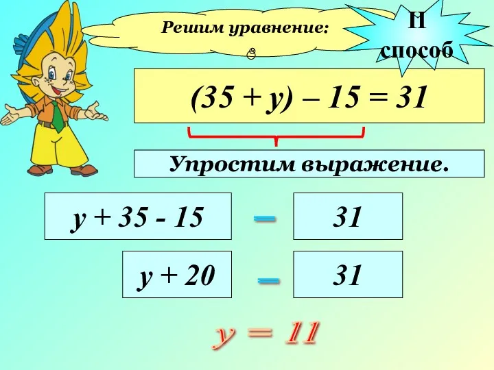 Решим уравнение: (35 + у) – 15 = 31 у