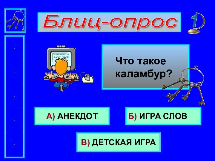 Блиц-опрос Что такое каламбур? В) ДЕТСКАЯ ИГРА Б) ИГРА СЛОВ А) АНЕКДОТ