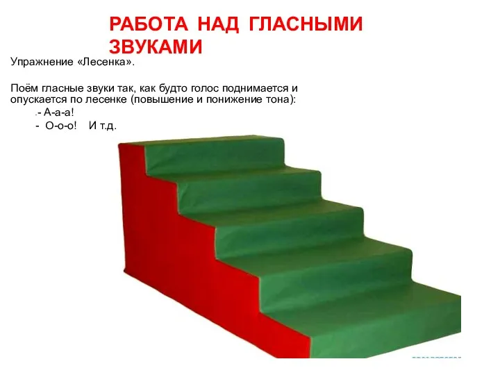 РАБОТА НАД ГЛАСНЫМИ ЗВУКАМИ Упражнение «Лесенка». Поём гласные звуки так, как будто голос