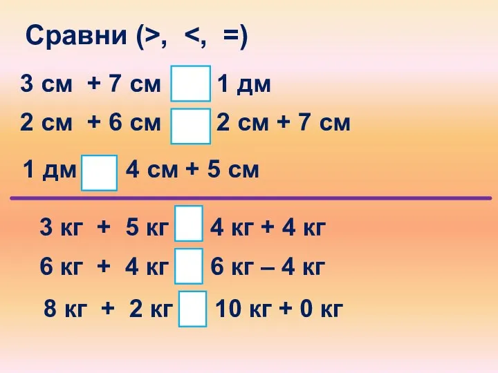 6 кг + 4 кг 6 кг – 4 кг Сравни (>, 3