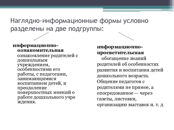 Наглядно-информационные формы условно разделены на две подгруппы: информационно-ознакомительная ознакомление родителей с дошкольным учреждением,