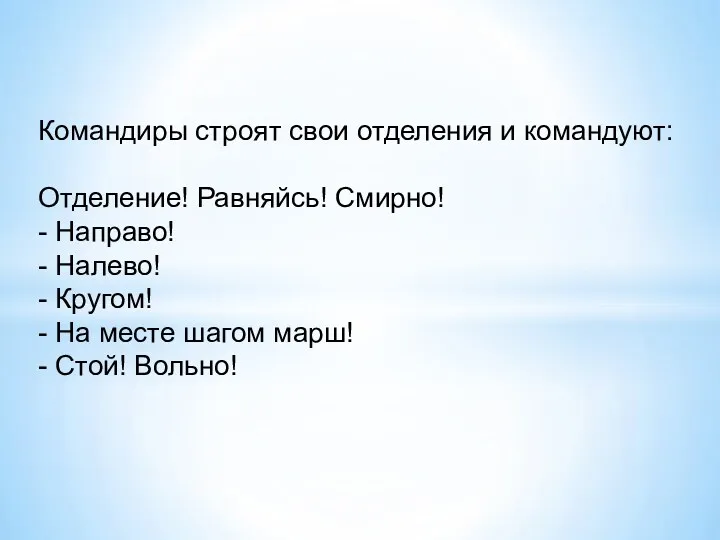 Командиры строят свои отделения и командуют: Отделение! Равняйсь! Смирно! -