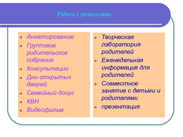 Работа с родителями Анкетирование Групповое родительское собрание Консультации Дни открытых