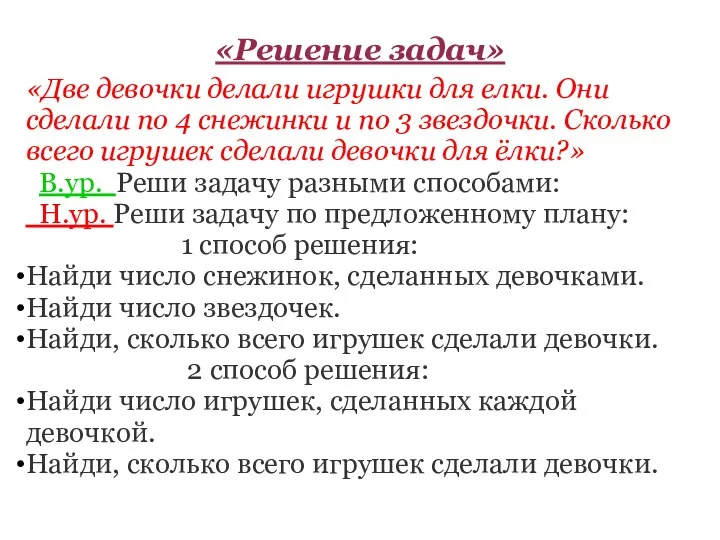 «Решение задач» «Две девочки делали игрушки для елки. Они сделали