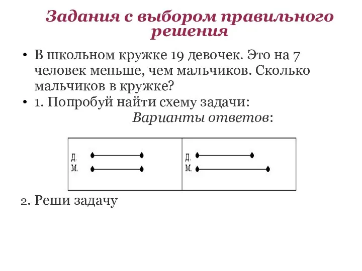 Задания с выбором правильного решения В школьном кружке 19 девочек.