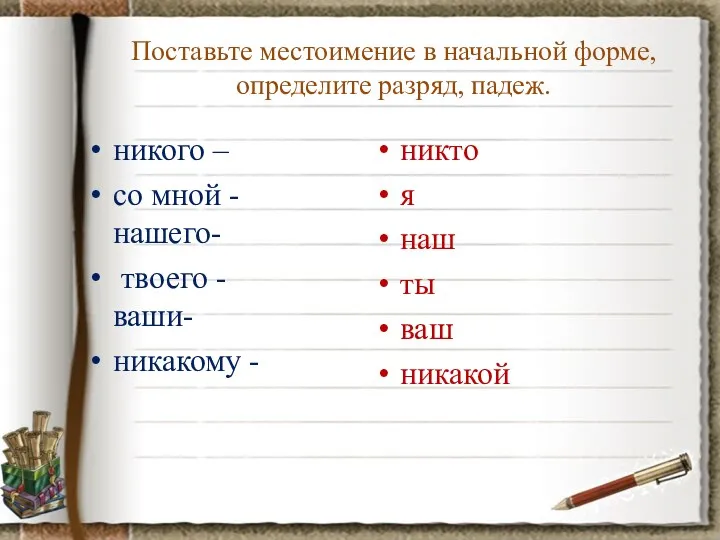 Поставьте местоимение в начальной форме, определите разряд, падеж. никого –