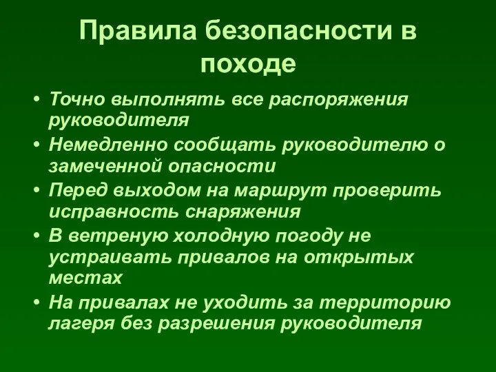 Правила безопасности в походе Точно выполнять все распоряжения руководителя Немедленно