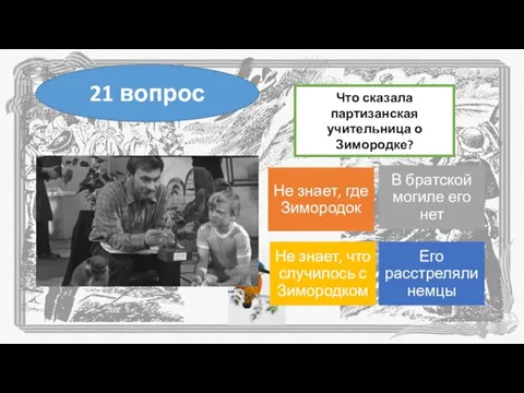 Что сказала партизанская учительница о Зимородке? 21 вопрос