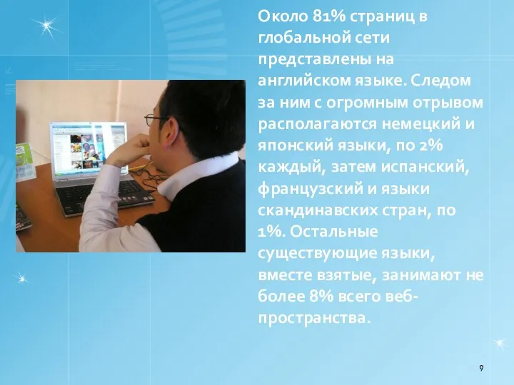 Около 81% страниц в глобальной сети представлены на английском языке.