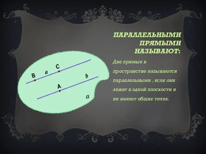 Параллельными прямыми называют: Две прямые в пространстве называются параллельными , если они лежат