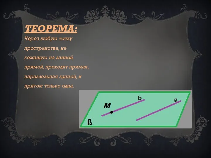 Теорема: Через любую точку пространства, не лежащую на данной прямой, проходит прямая, параллельная