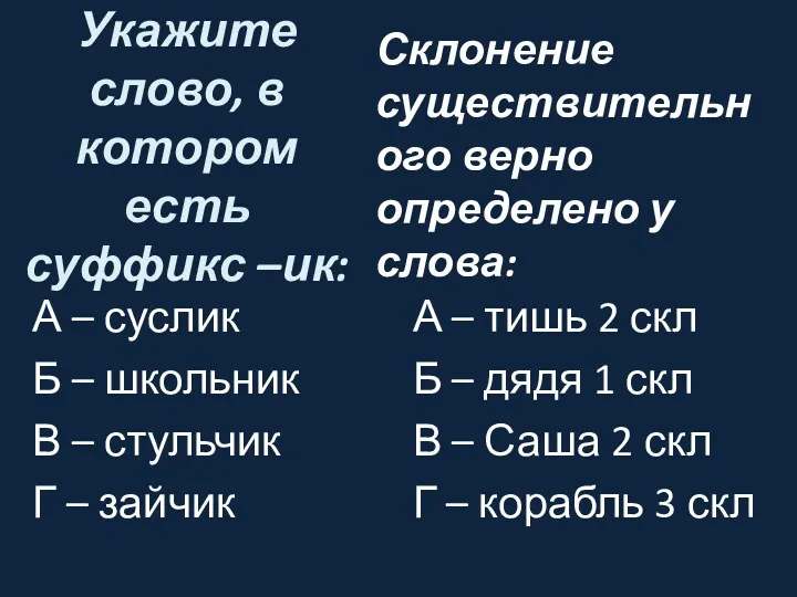 Укажите слово, в котором есть суффикс –ик: А – суслик