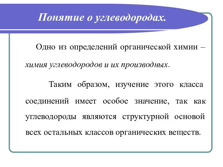 Понятие о углеводородах. Одно из определений органической химии – химия