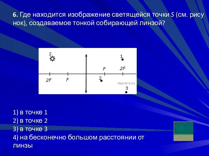 6. Где на­хо­дит­ся изоб­ра­же­ние све­тя­щей­ся точки S (см. ри­су­нок), со­зда­ва­е­мое