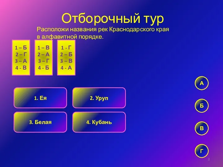 Отборочный тур Расположи названия рек Краснодарского края в алфавитной порядке.