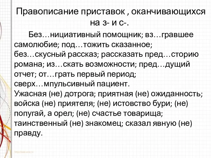 Правописание приставок , оканчивающихся на з- и с-. Без…нициативный помощник;