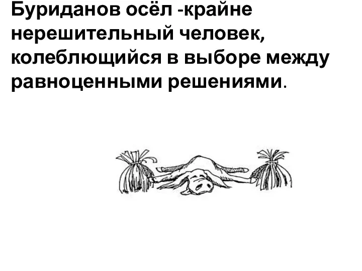 Буриданов осёл -крайне нерешительный человек, колеблющийся в выборе между равноценными решениями.