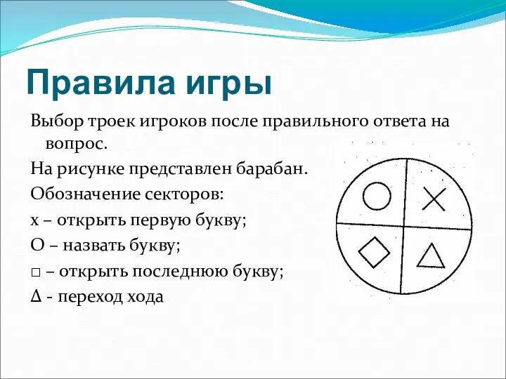 Правила игры Выбор троек игроков после правильного ответа на вопрос. На рисунке представлен