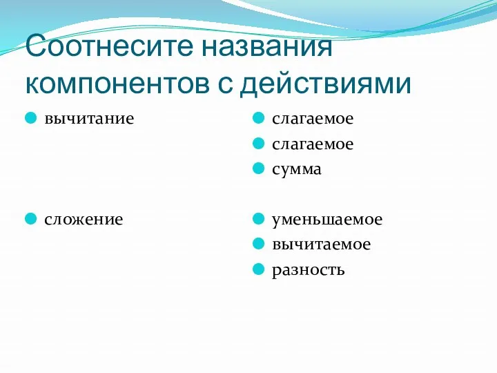 Соотнесите названия компонентов с действиями вычитание сложение слагаемое слагаемое сумма уменьшаемое вычитаемое разность