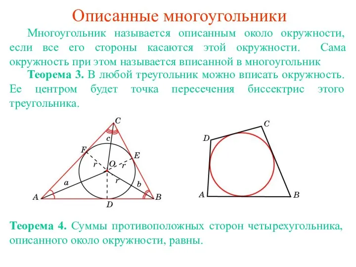 Описанные многоугольники Многоугольник называется описанным около окружности, если все его