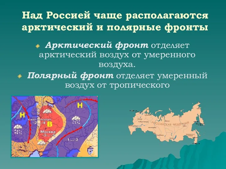 Над Россией чаще располагаются арктический и полярные фронты Арктический фронт отделяет арктический воздух