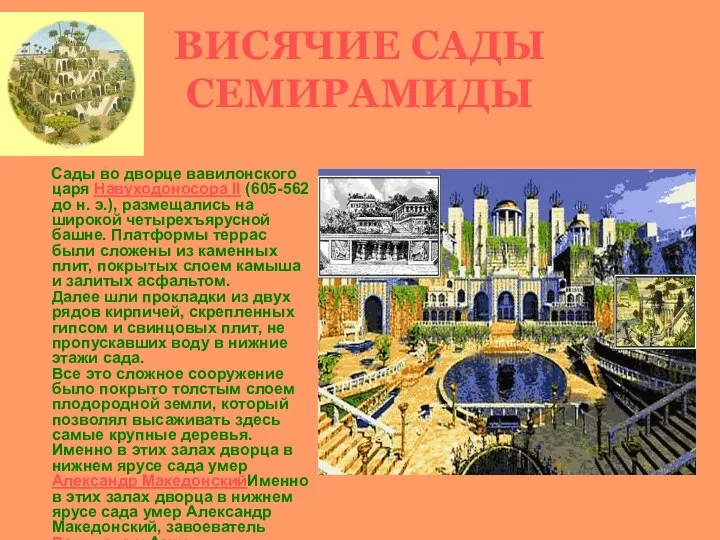ВИСЯЧИЕ САДЫ СЕМИРАМИДЫ Сады во дворце вавилонского царя Навуходоносора II