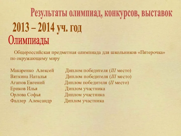 Результаты олимпиад, конкурсов, выставок 2013 – 2014 уч. год Олимпиады